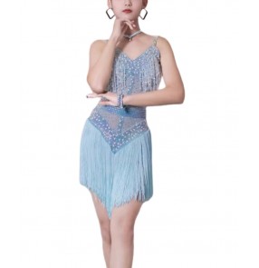 Custom size light blue white fringe competition latin dance dresses for girls kids women children salsa rumba cha ballroom dancing costumes